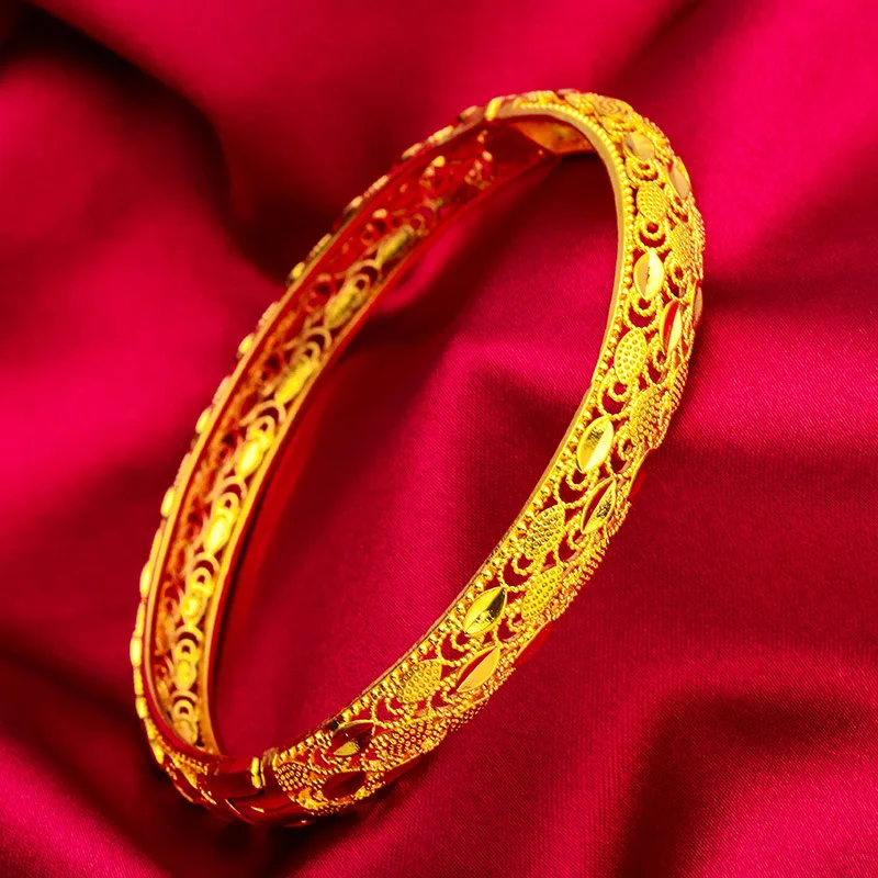 

24K Gold AU999 Women's Feather Clasp Bracelet - 3D Feather Relief , Clasp Design Easy Wear, Luxury Dynamic Flattering