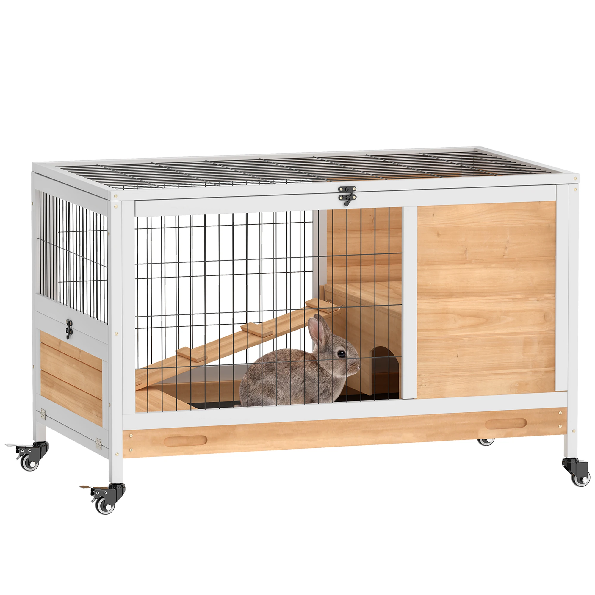 PawHut Jaula para Conejos de Madera Conejera para Mascotas Pequeñas Portátil Interior con Techo Abrible Rampa Bandeja Extraíble para Conejillos de Indias 90x53x59 cm Madera Natural