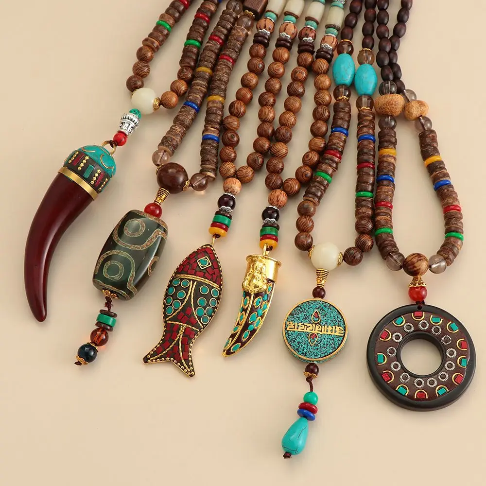 Vintage Ethnic Jewelry Handmade Horn Fish Pendant Nepal Necklace Buddhist Mala Wood Bead Festival Lucky Gift