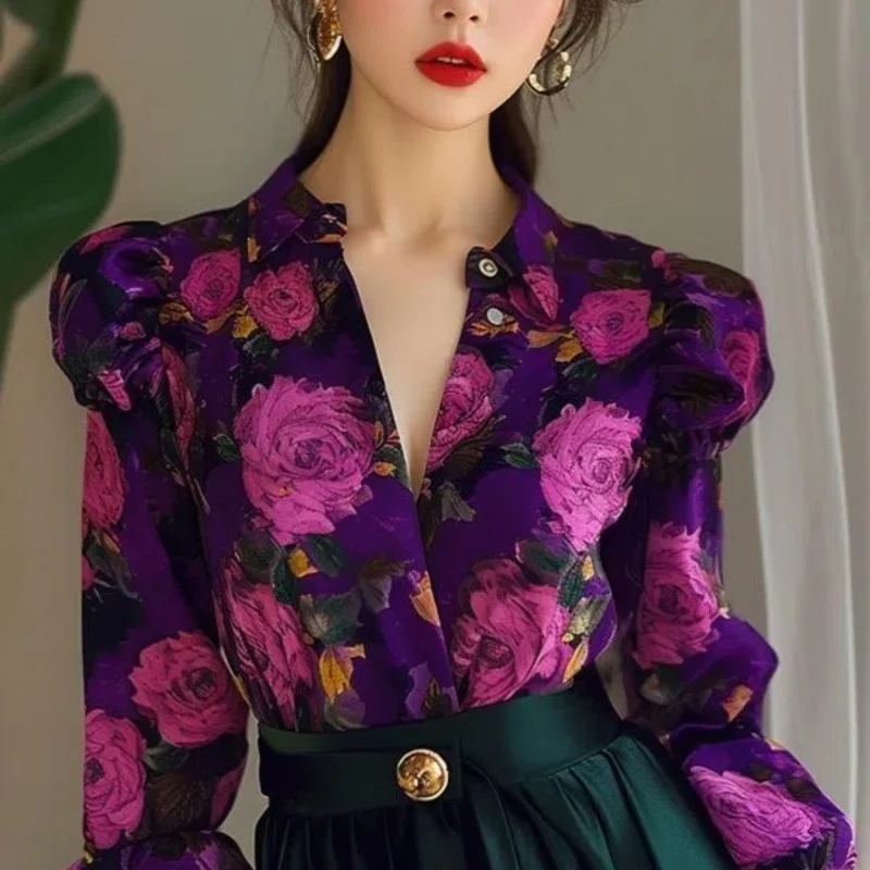 

Vintage Printing Button Blouse Spring Autumn New Long Sleeve Loose All-match Floral Elegant Shirt Top Fashion Y2K Women Clothing