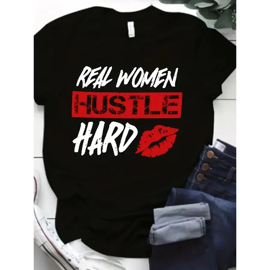 

【New style】Women'S Real Women Work Hard pirational T-Shirt- Black with Red And White Lettering And a Lip Print Stretchy Casual