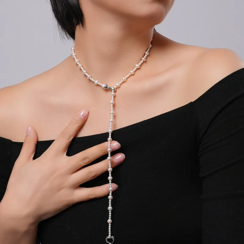 

Long pure natural freshwater pearl necklace pendant double-layer Fine Jewelry near round white pearl party gift for women x1075