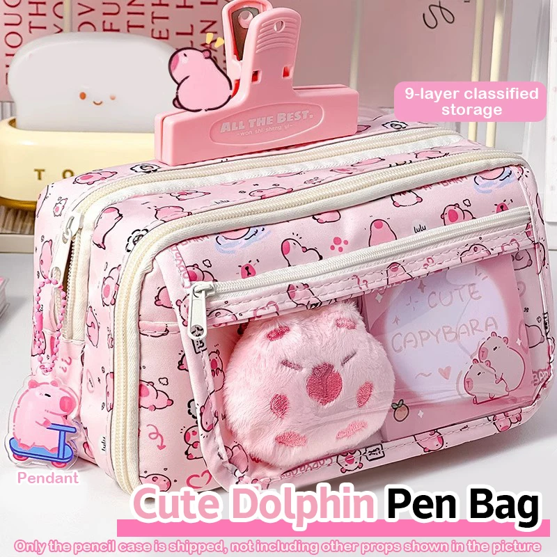 Cartoon Pink Capybara Pencil Storage Bag Kawaii Pencil Box Large Capacity Pencil Case School Stationery Case Makeup Bag image 2