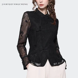 Vintage Women Autumn Black Lace Tops Elegant Slimming Asymmetrical Design Hollow Out Shirts 2023 New Casual Office Blouses