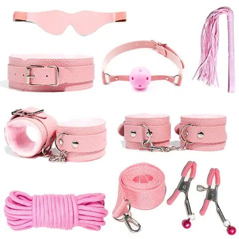6-10Pcs/Set Sexual Bondage Handcuff Whip Adult Couple Sex Toys Tools Set Erotic Sex Toys for Woman Couples Leather BDSM Kits