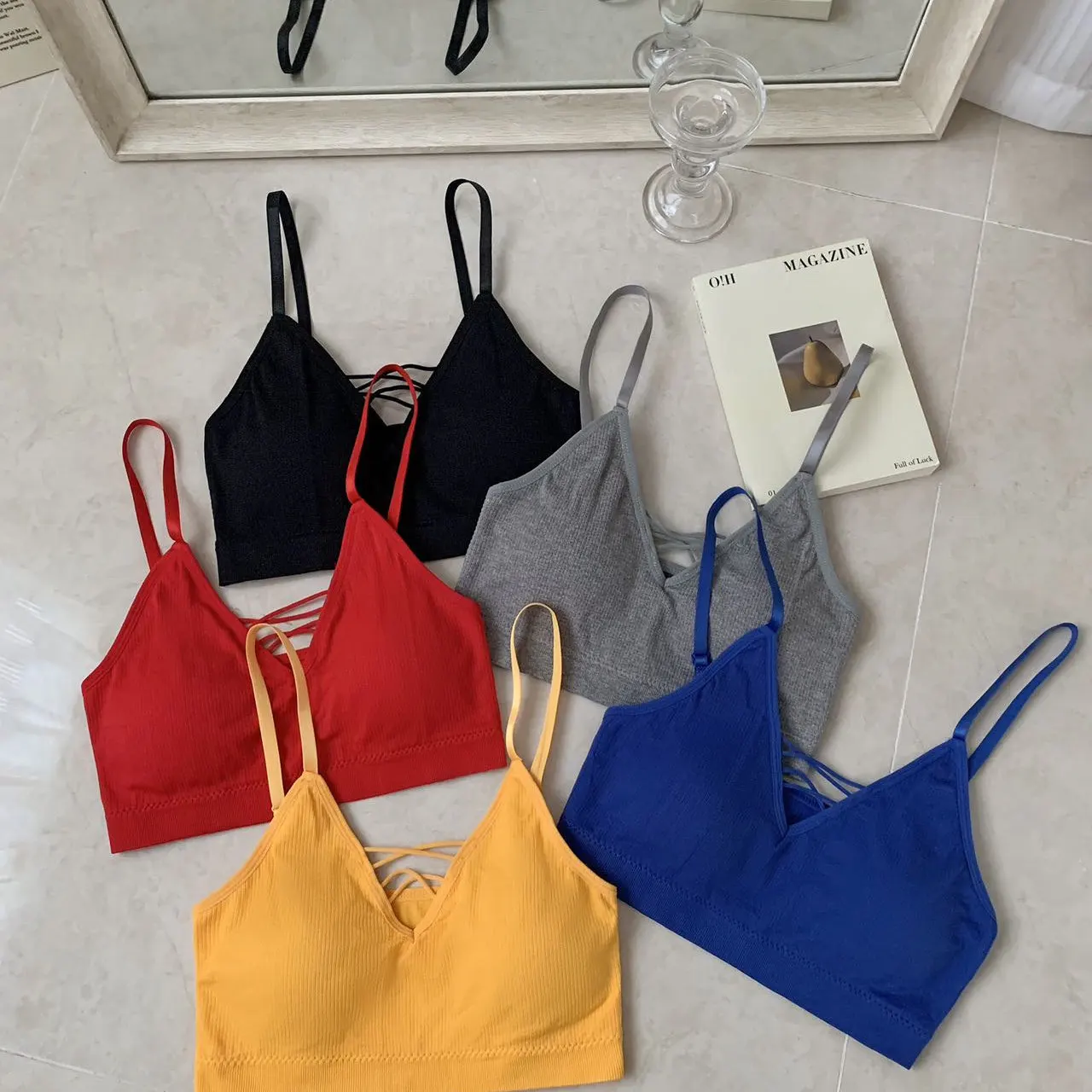 Summer New Pure Desirable Sexy Cross Hollow out Strap Vest Slimming Inner Wear Integrated with Chest Pad Versatile Short Style