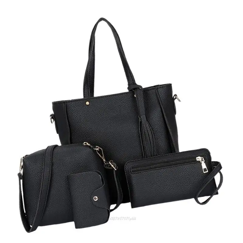 X5XA Elegant 4Pcs Women's PU Leather Shoulder Bag Set Crossbody Purse Shoulder Bag Card Holder Casual Handbag