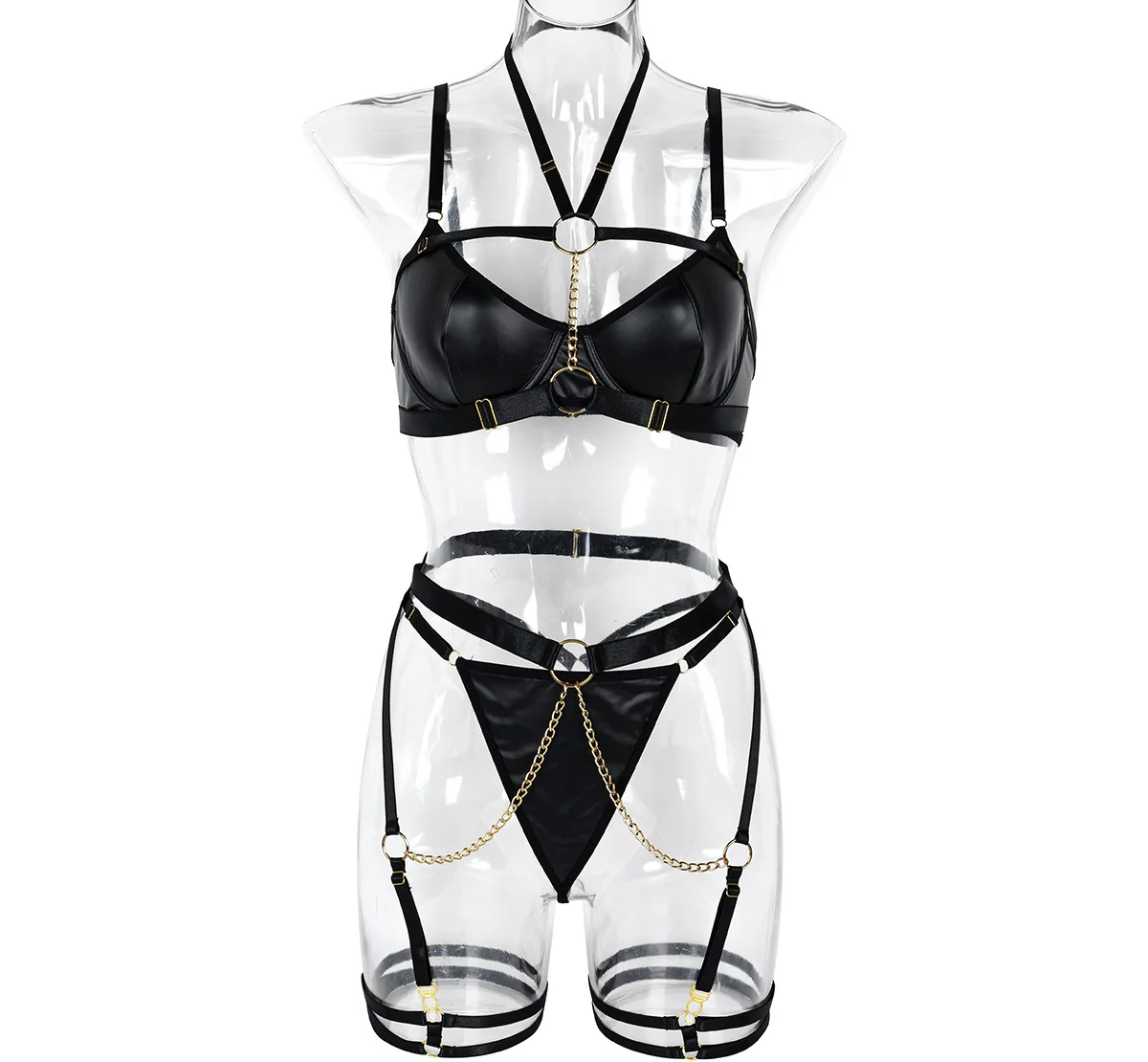 

Sexy Erotic Womens Halter Chained 3 Piece Set Sensual Mesh Patchwork Alluring Attractive Breathable Exquisite Lingerie Set