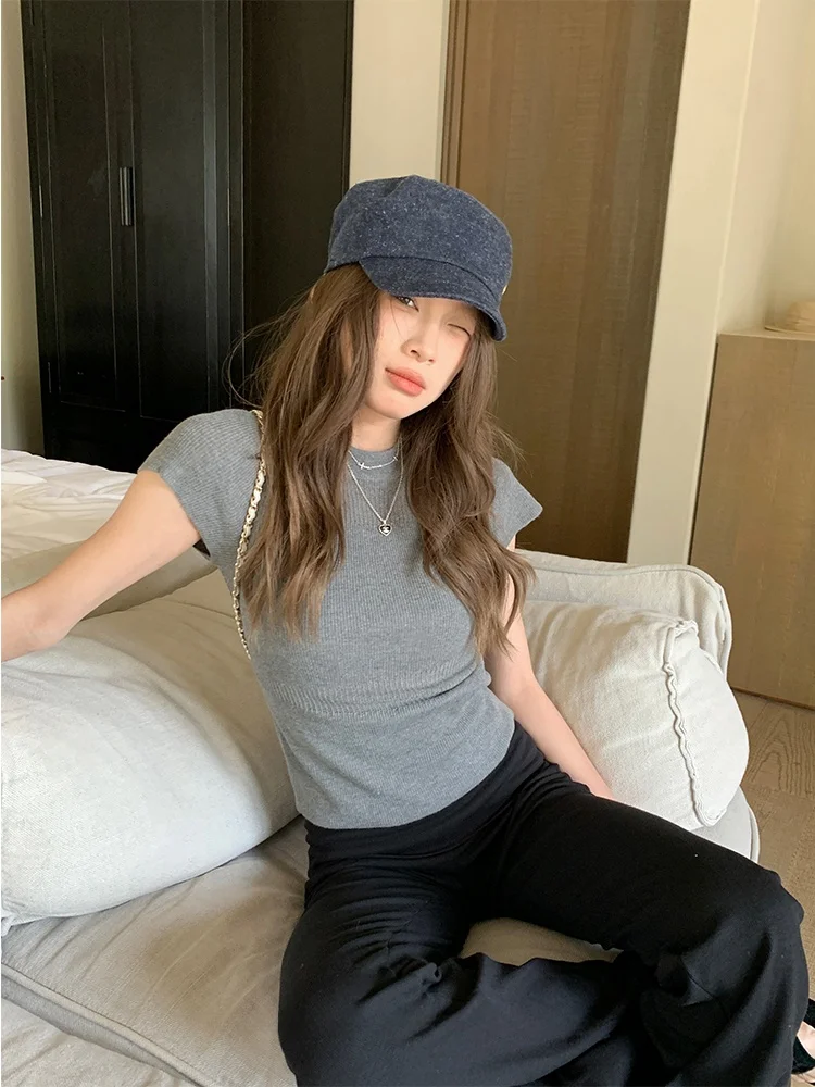 

Вязаная футболка с эффектом похудения, тонкая, с вырезами, с коротким рукавом, женская, летняя, новая, дышащая, удобная, повседневная.