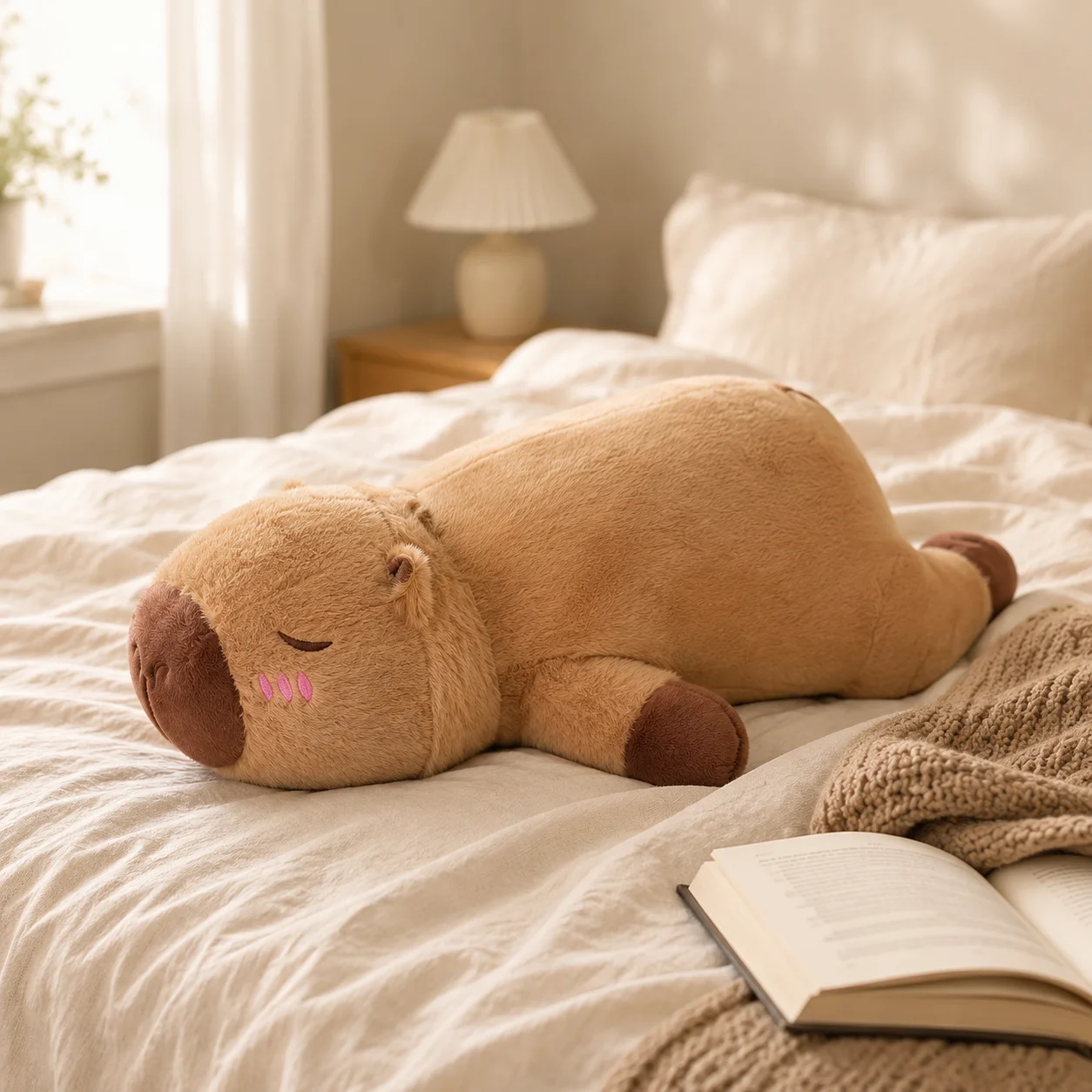 Capybara Plush Body Pillow 60cm, Light Brown Long Cushion, Polyester Fiber Fill, Cozy Companion for Bed Sofa Dorm Decor