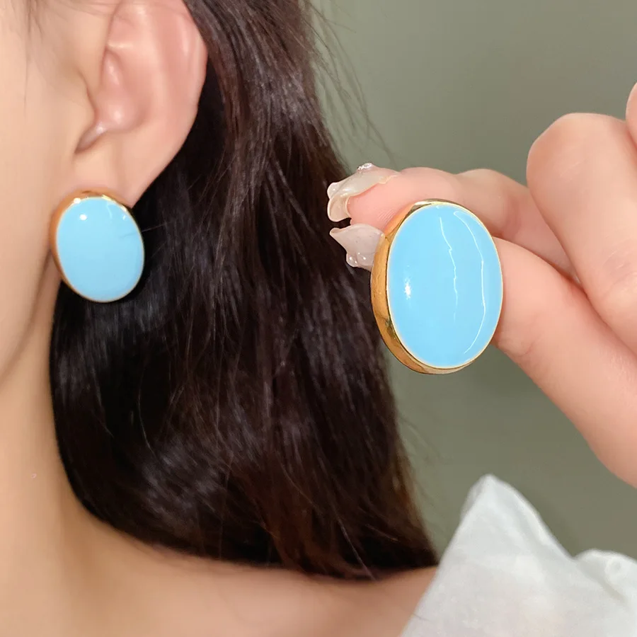Pendientes ovalados redondos con caída de aceite, color rosa y azul, diseño único, pendientes con cuentas de frijol, accesorios para las orejas de chica con temperamento