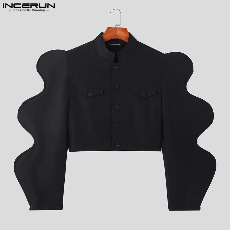 2023 Men Jackets Solid Stand Collar Petal Long Sleeve Thin Outerwear Streetwear Single Breasted Fashion Male Crop Coats INCERUN