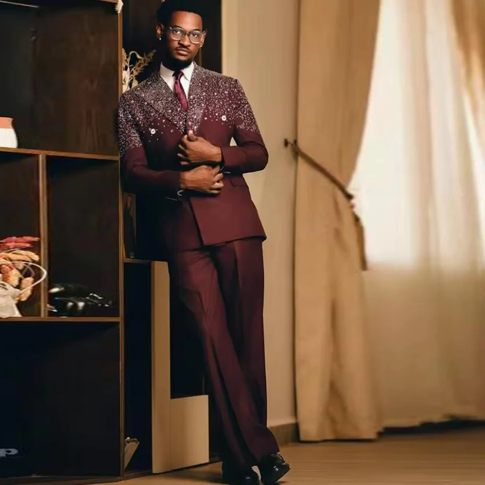 

Sliver Beading Stones Groom Wedding Suits Double Breasted Jacket Trousers 2 Piece Set Evening Banuqet Men Party Tuxedos Outfits