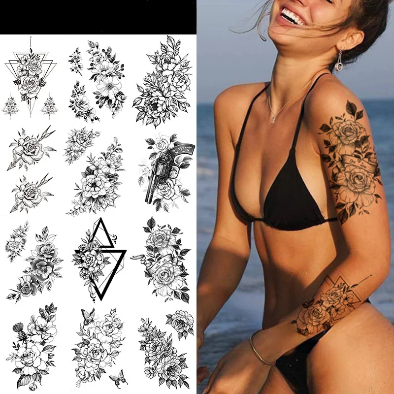 Sexy Flower Waterproof Temporary Tattoos Sticker Arm Rose Tattoo for Women Black Line 3D Body Art Wrist Ankle Leg Fake Tattoos