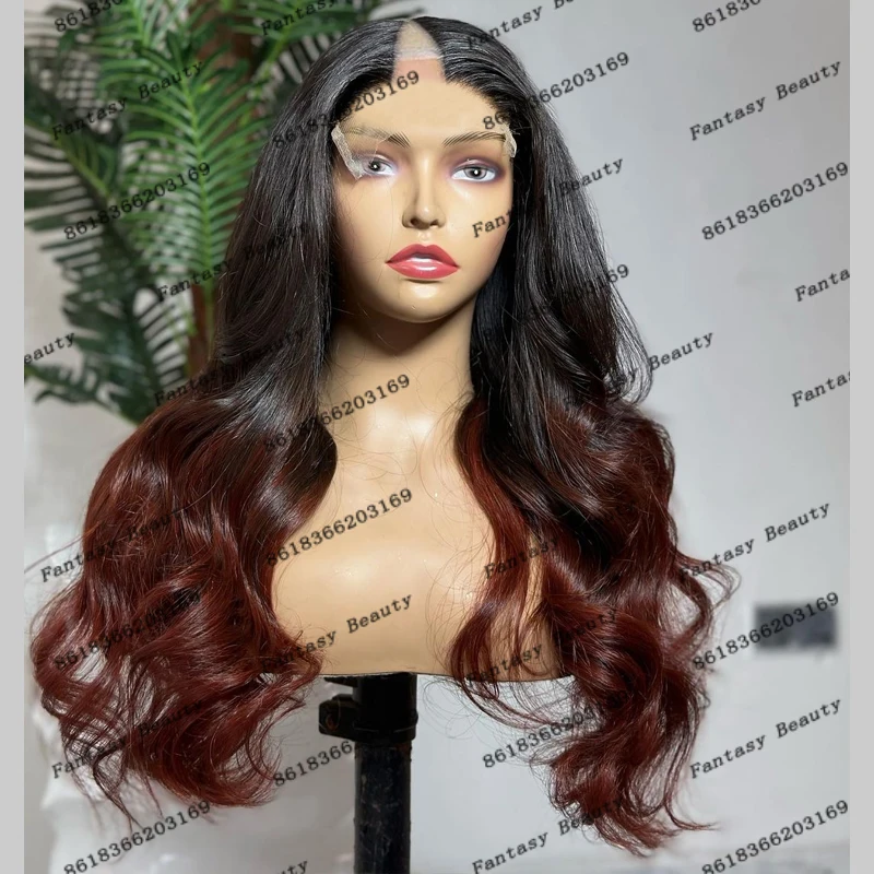 

Long Wavy 100% Remy Human Hair Ombre Reddish Copper Brown V Part Wigs with Clips Dark Roots Easy Daily Wear U Part Wigs Natural