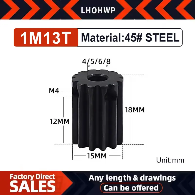 1M13T Hole 6/8 Tooth Pinion Gear Metal Mod 1 Motor Convex Gear 1Mod 13Teeth Mini Gear Pinion 45# Steel