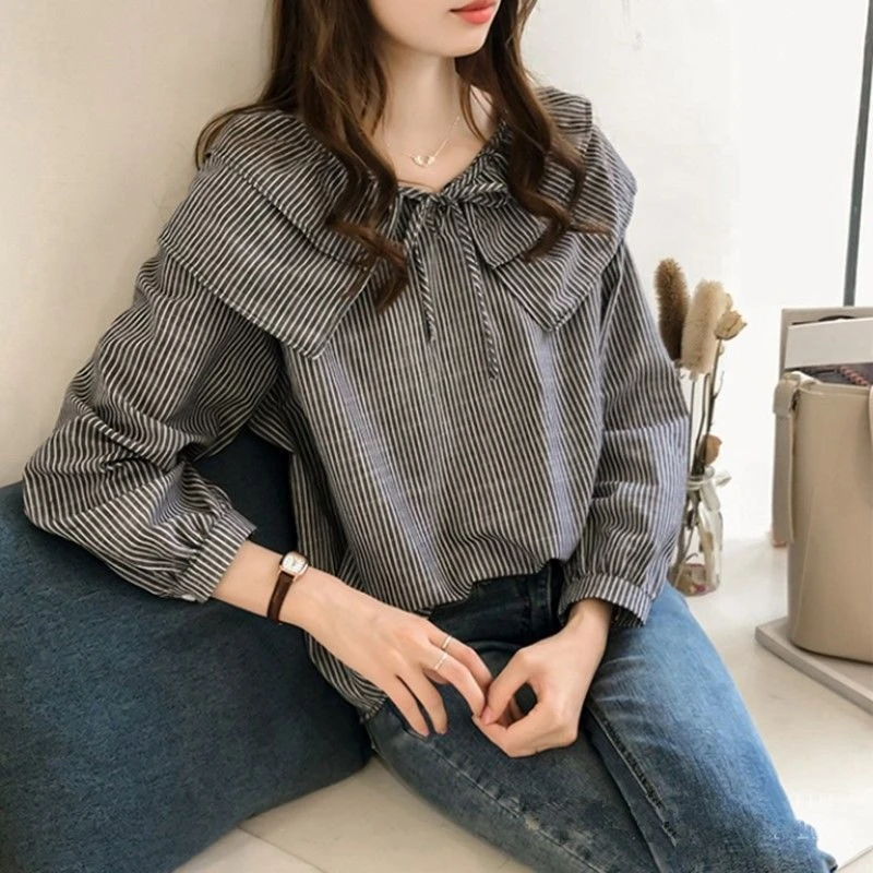 Women Korean Style Peter Pan Collar Striped Long Sleeve Blouse Loose Fit Chic Casual Shirt Fashion Tops