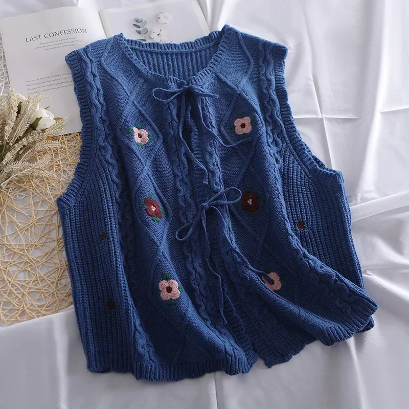 Kimotimo Embroidery Knit Vest Women Autumn Versatile O-neck Lace Up Sleeveless Cardigan French Retro Art Sweater Waistcoat