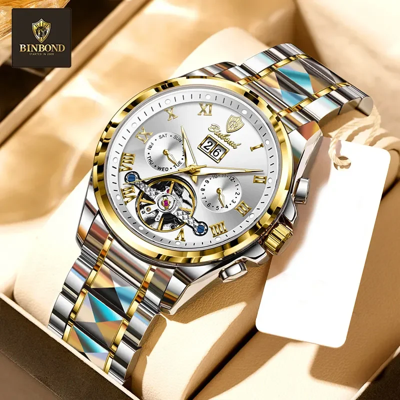 BINBOND Top Luxury Automatic Mechanical Man Watch Date Waterproof Wristwatch New Hollow Tourbillon Stainless Steel Men's Watches view 2