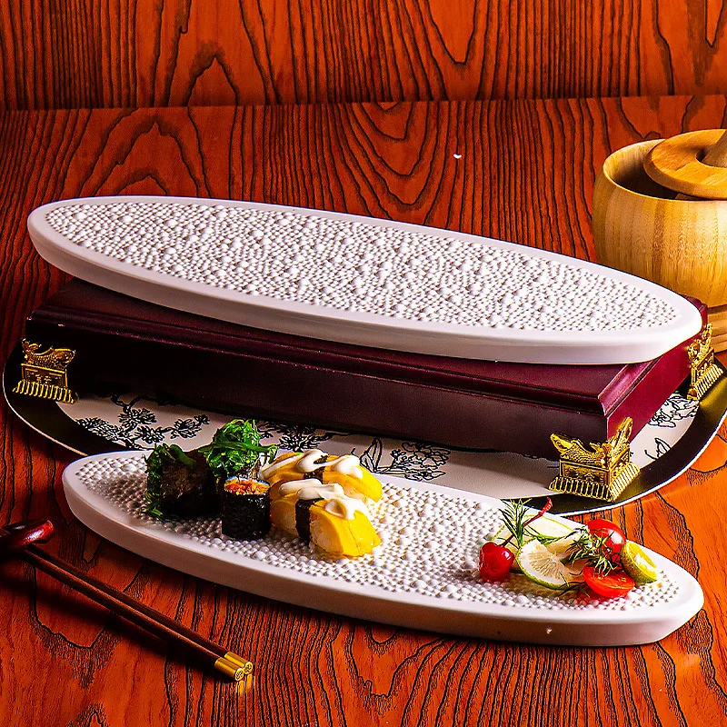 Creative White Ceramic Oval Plate with Meteorite Pearl Dots for Dessert Snacks Molecular Cuisine Art