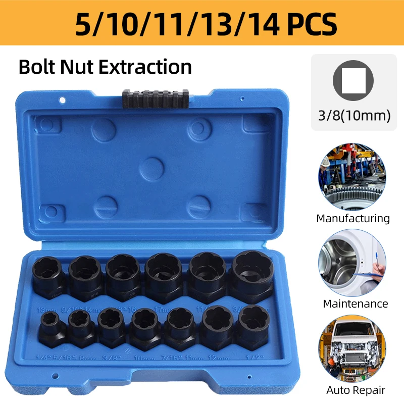 Impact Damaged Bolt Nut Remover Extractor Socket Tool Set Removal Twist Socket Wrench Sliding Screw Extractor with Case