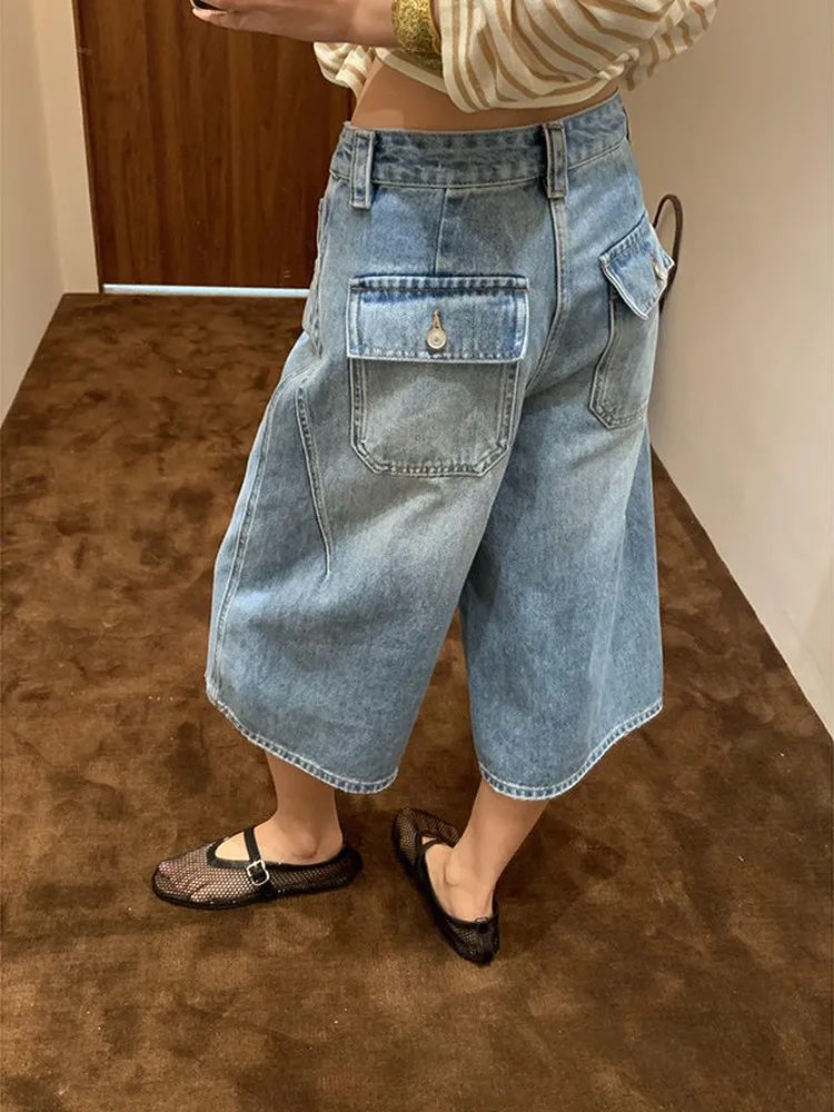 Retro American Denim Jeans Women's Workwear Shorts High Waist Wide Leg Summer Fashion plus Size Slimming Effect