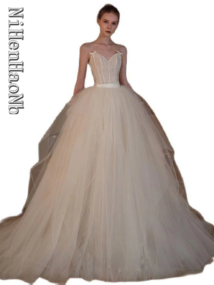 Robe de mariée en dentelle française, bretelles Spaghetti, traîne Court, nouvelle collection 2023