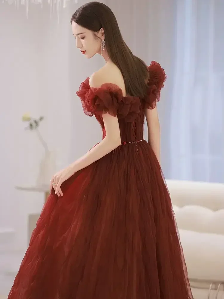 A Word Shoulder Fairy Red Boat Neck Evening Dresses Elegant Slim Waist Long Temperament Prom Robe Niche Wedding Party Dress