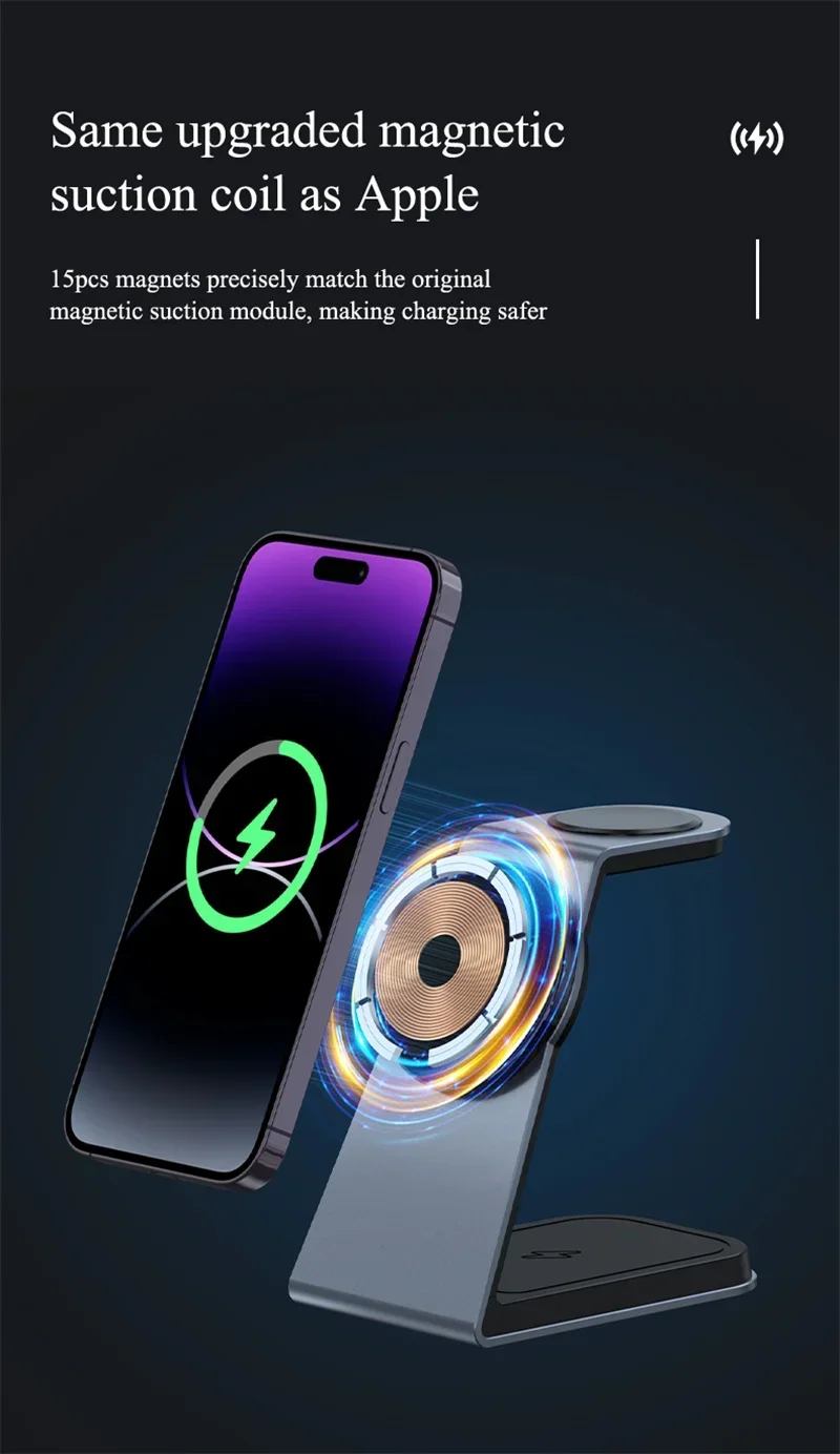 Aluminiumlegierung 3-in-1 Magnetisches Kabelloses Ladegerät Schnelle Ladestation für iPhone 16 15 14 13 Pro Max Apple Watch Airpods – Detail 3