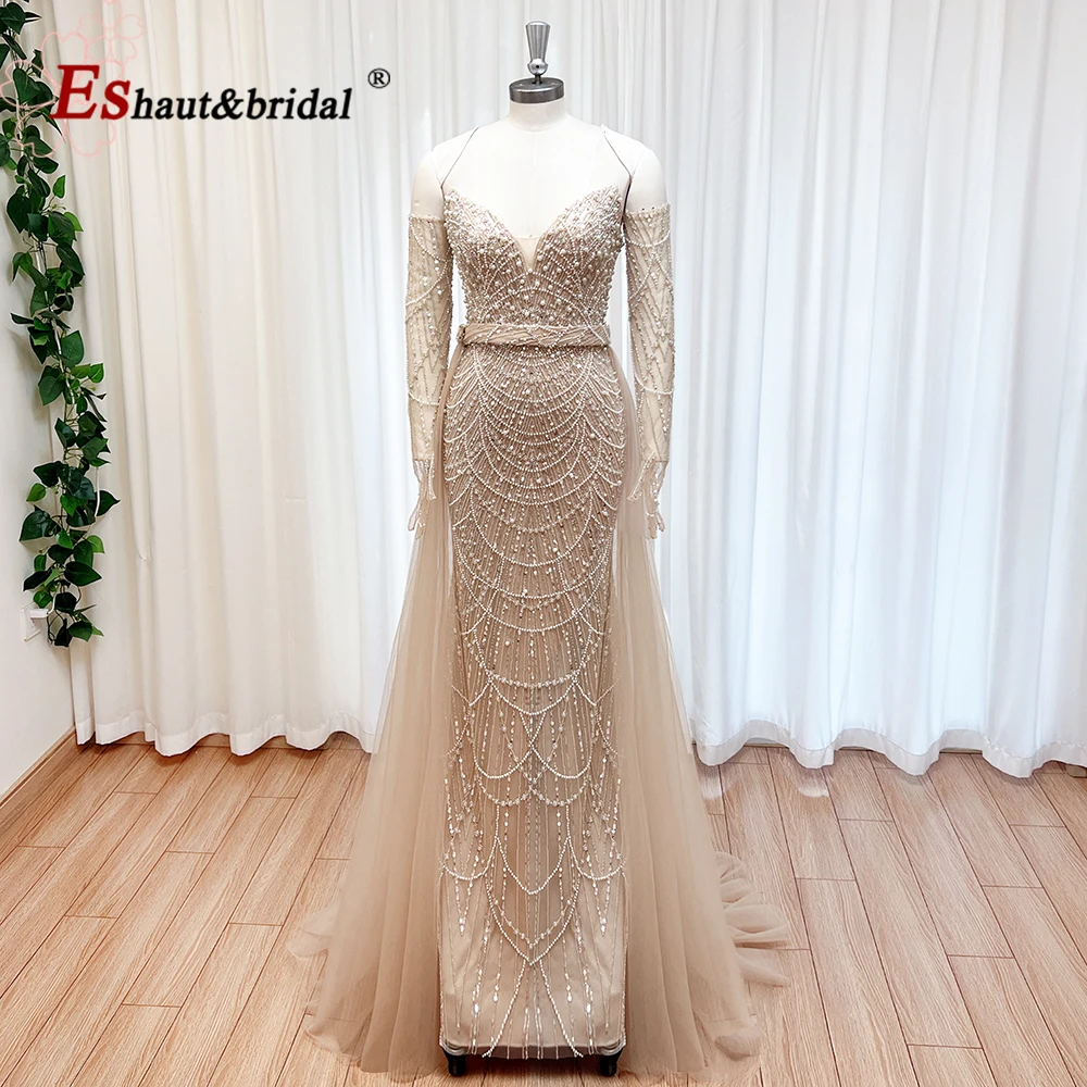 Elegant Pearl Evening Dress for Women with Detachable Skirt Luxury Arabic Long Gloves Formal Prom Wedding Party Gown Customized