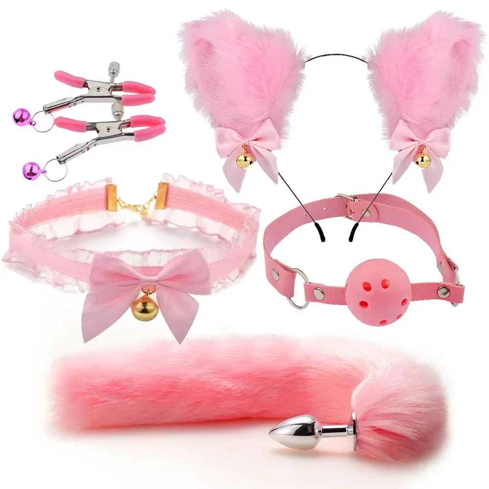 Fox Tail Anal Plug Bow-Knot Soft Cat Ears Headbands Collar Mouth Plug Metal Butt Plug Erotic Cosplay Couples Adult Sex Toys