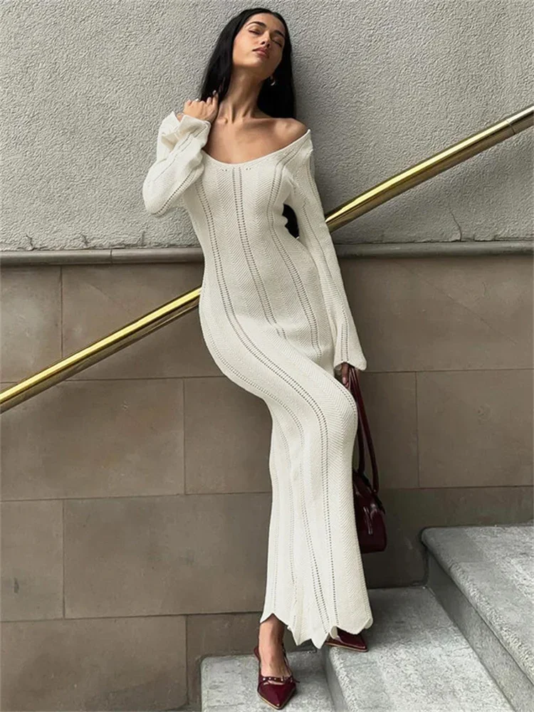 Talenza Knitted Hollow Slim Long Dress Women\'s Elegant Solid Color Long Sleeve Evening Dress Fashion Slim Summer New Long Dress