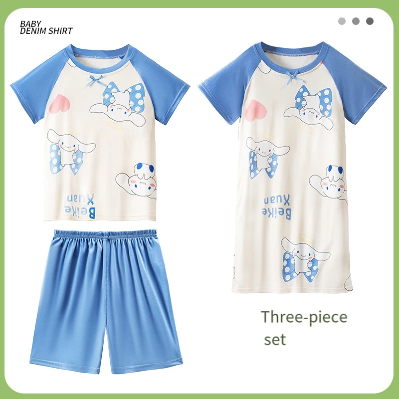 

3Pcs Cinnamoroll Children's Pajamas Summer Short Sleeve Shorts Thin Girls Night Dress Medium Big Children's Home Clothing Set