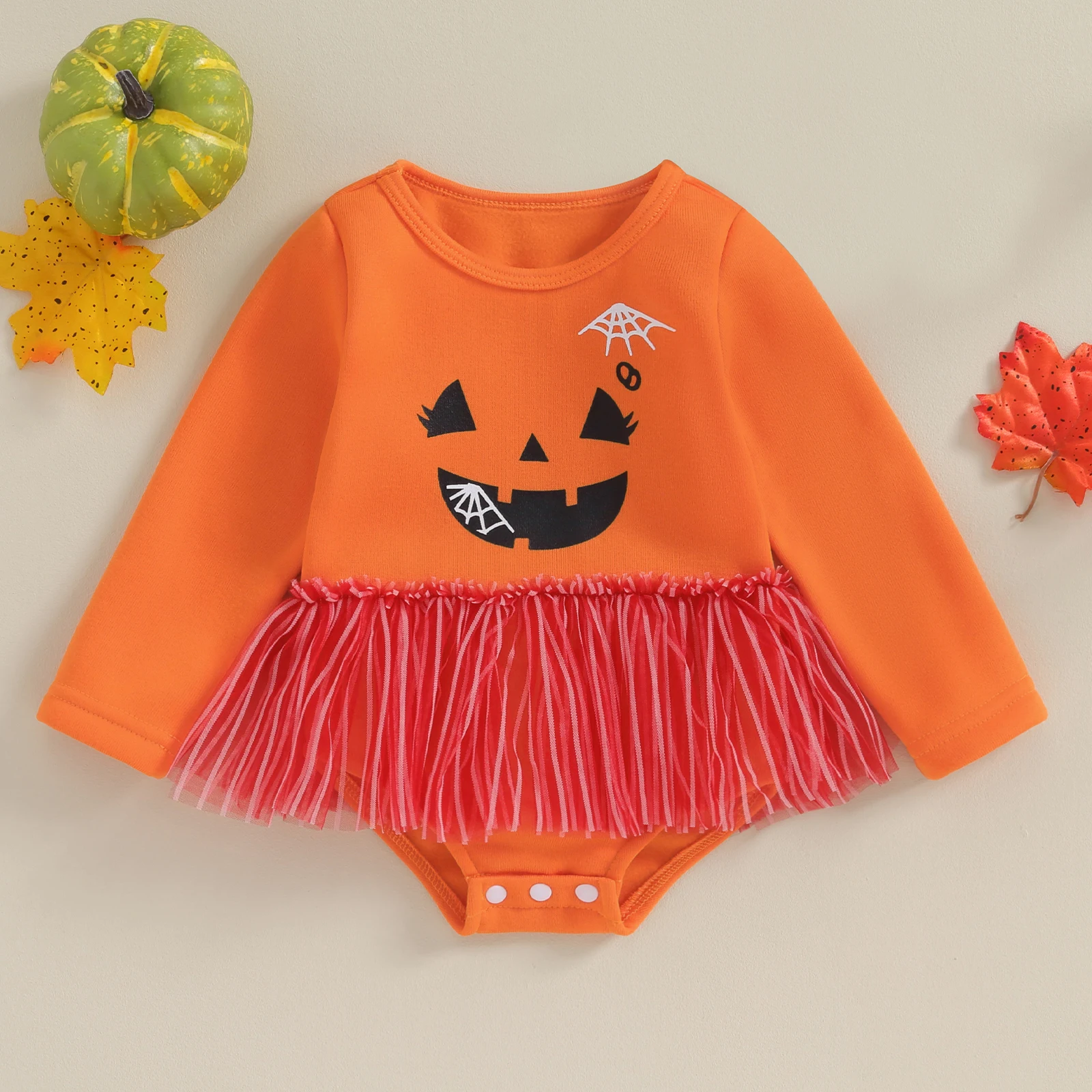 

Infant Girls Halloween Costume Romper Dress with Spider Web and Pumpkin Print Long Sleeve Bodysuit with Tulle Skirt Hem