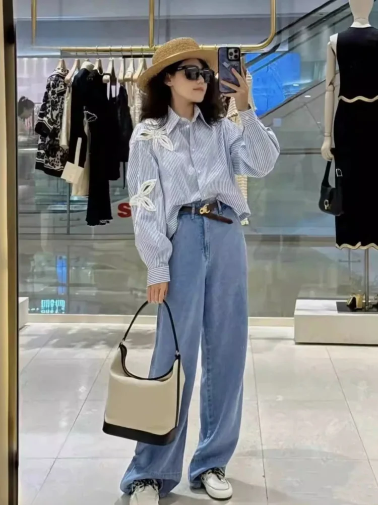 

Loose Cotton irt And Hollow out Long Pants Floral Embroidery French Sle Women's Summer Faion Blue White Stripes Set