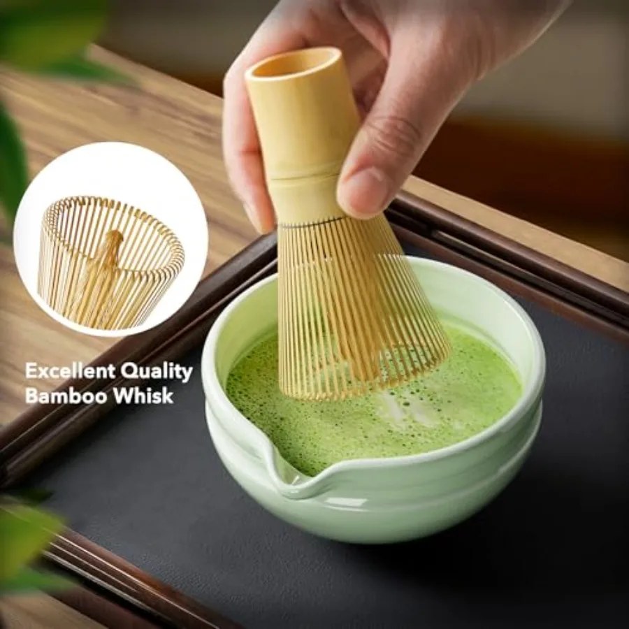7 Pcs Whisk Set, Perfect Kit for Lovers Includes Ceramic Bowl, Bamboo Whisk, Holder, Scoop, Sifter and Cloth