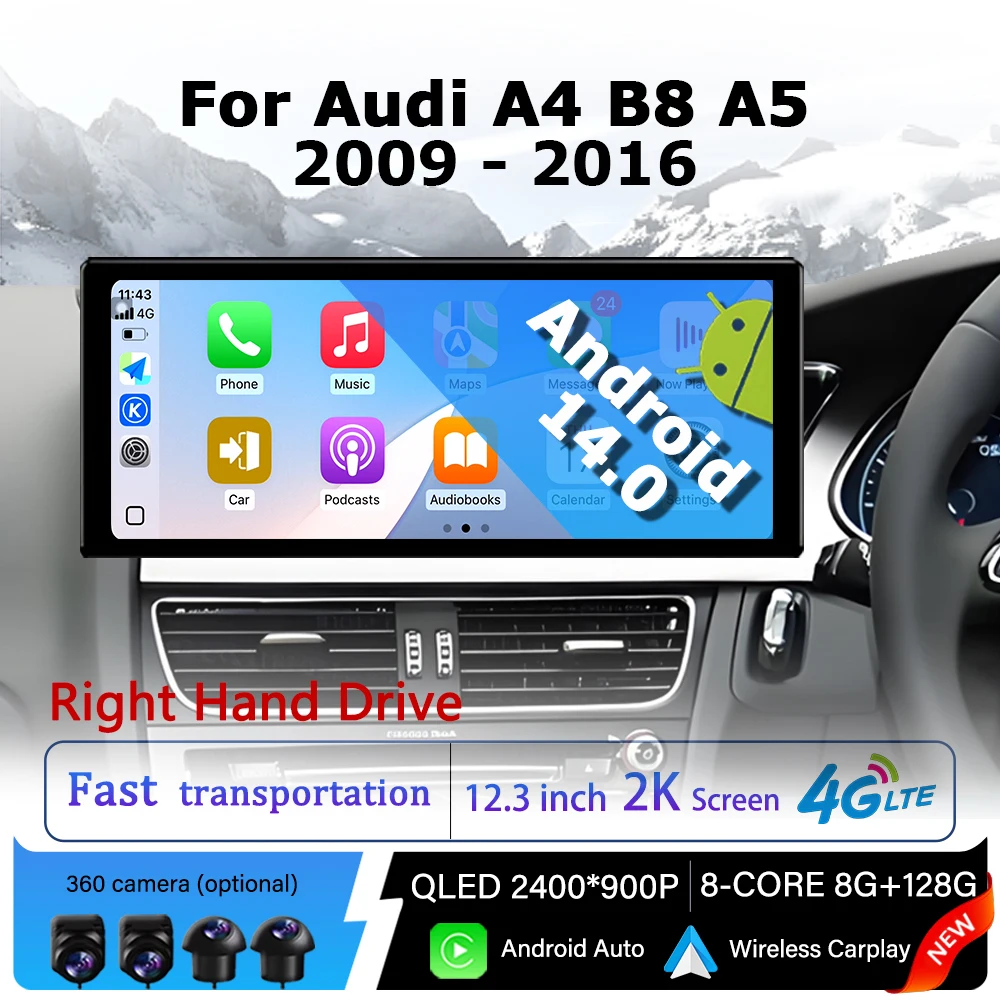 

Right Hand Drive for Audi A4 B8 A5 2009 - 2016 QLED 2400*900P Android 14 Multimedia BT GPS Navi Display Car Radio Stereo Player