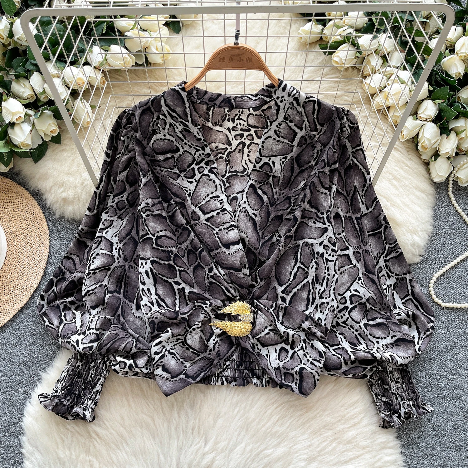 

Vintage Blouse turn-down collar print long sleeve Elegant Fashion Women hotsweet Shirt women clothing