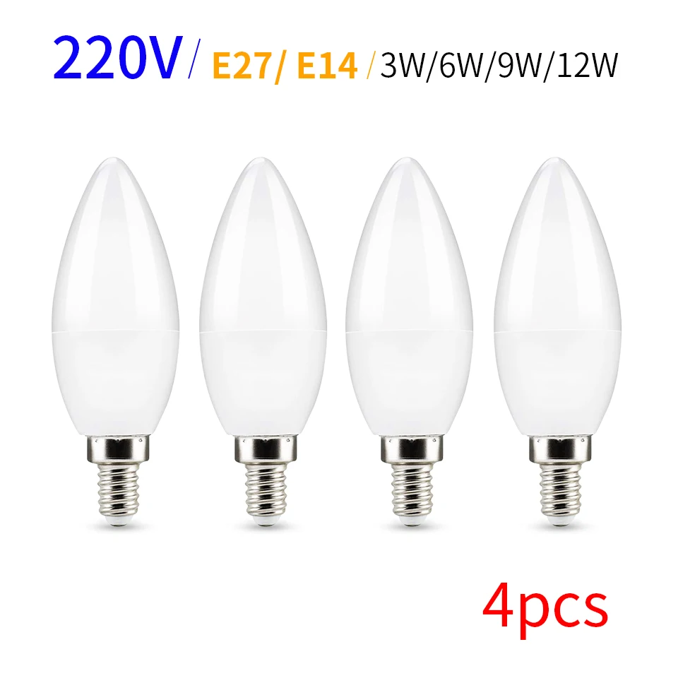 4pcs/lot LED Candle Bulb E27 E14 220V Bombilla Led Light 3W 6W 9W 12W Led Spotlight Chandelier Lighting For Home Decoration Lamp