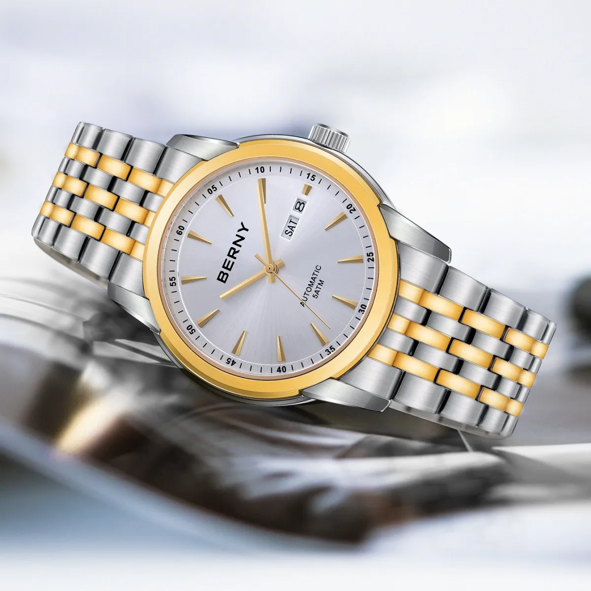 BERNY Luxury Automatic Watches for Men Calendar Sapphire Business Dress Men's Mechanical Watch Full Stainless Steel 5AMT