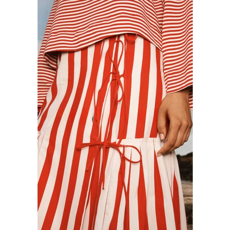 Jupe mi-longue en gaze de coton pour femmes, nouvelle collection d'été, nœud décoratif rayé, ligne a, taille haute, jupe longue pour les déplacements