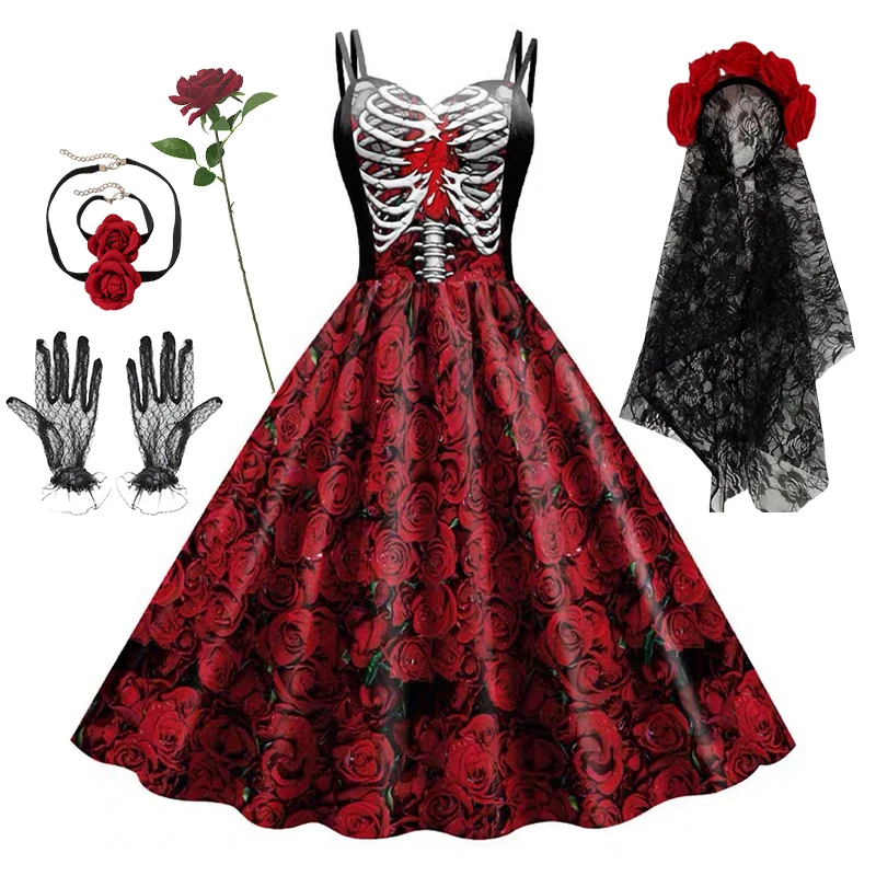 Halloween Skeleton Rose Swing Dress Women Girls Spaghetti Strap Vintage Red Floral Skull Midi Dress Gothic Party Cosplay Outfit