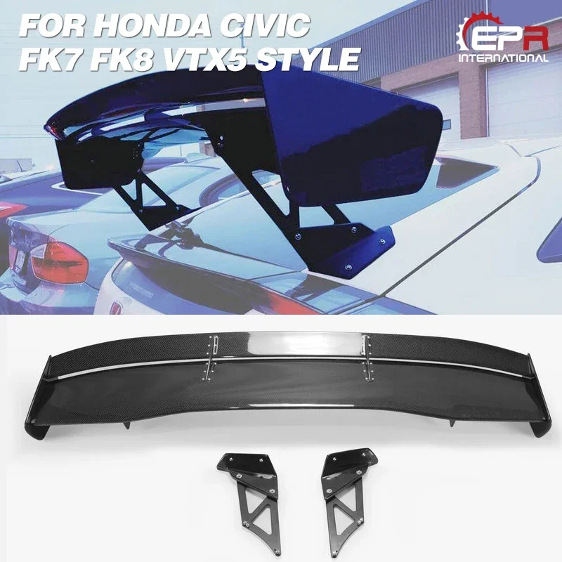 VTX5 Style Carbon Fiber Rear GT Spoiler Glossy Finish Trunk Wing Kit Set Fibre Bootlid Splitter Body Kit For Honda Civic FK7 FK8