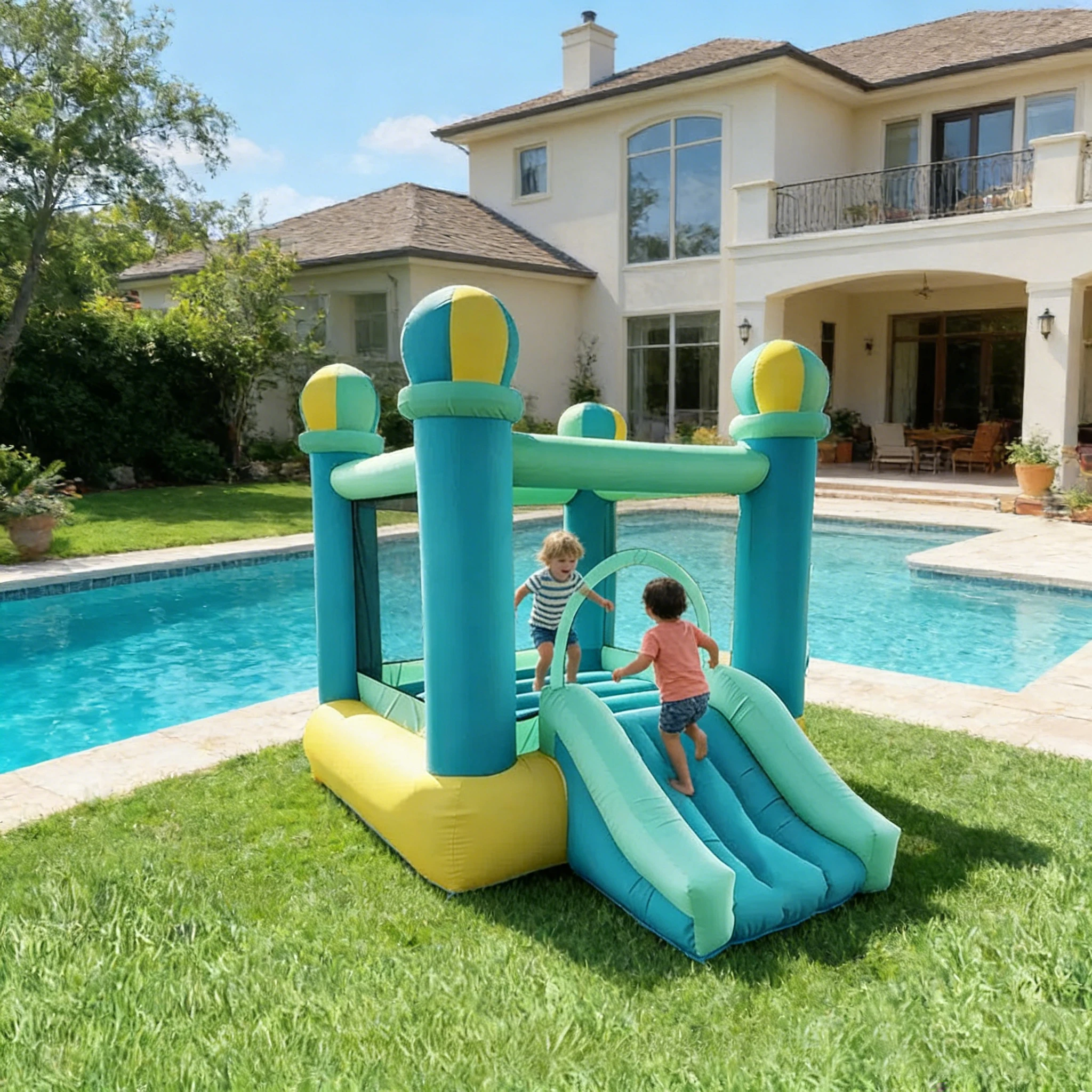 

Inflatable Bouncy Castle Combo, Bounce House with Slide, Inflatable Pool & Playground, Party Inflatable Games for Outdoor