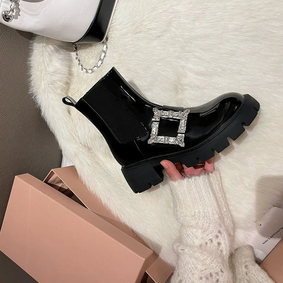 

New Rhinestone Square Buckle Plush Boots Platform Ankle Slim British Style Boots Botas Mujer Hot Selling Free Shipping