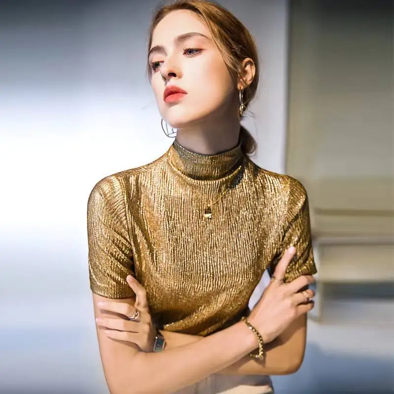 

Glossy Gold Sequin Women's Turtleneck Top Short Sleeve Plus Size Glitter Party Club T shirt