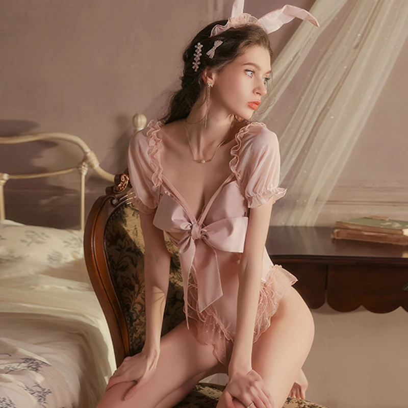 オープンボウタイピンクバニークロッチレスランジェリーセクシーホットエロティックベビードール下着女性用セクシーコスチュームドットレースコスプレ衣装