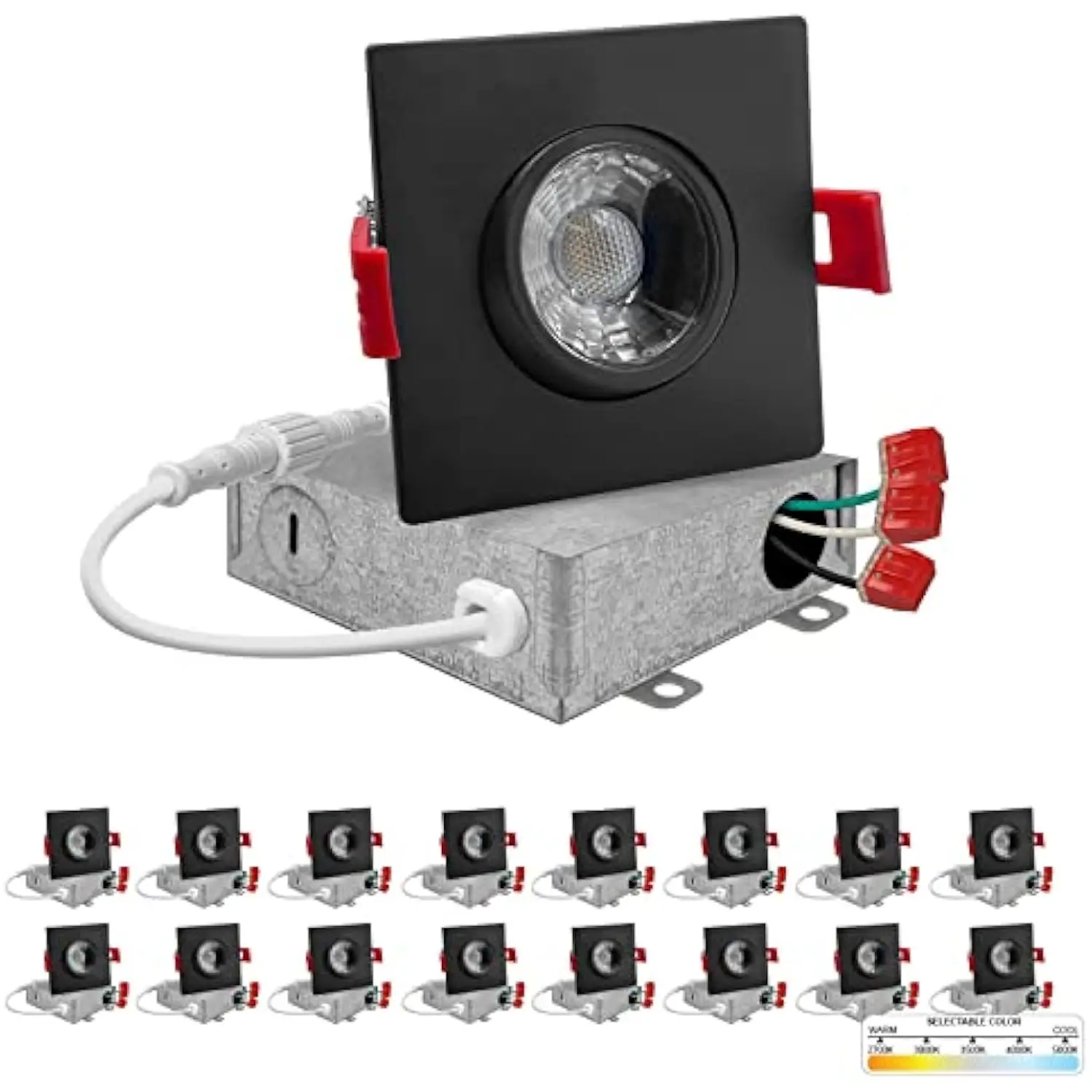 

| 16 Pack | Black 3 Inch Square Adjustable LED Ceiling Light Gimbal Recessed Lighting Dimmable Canless Downlight 5CCT 2700K |