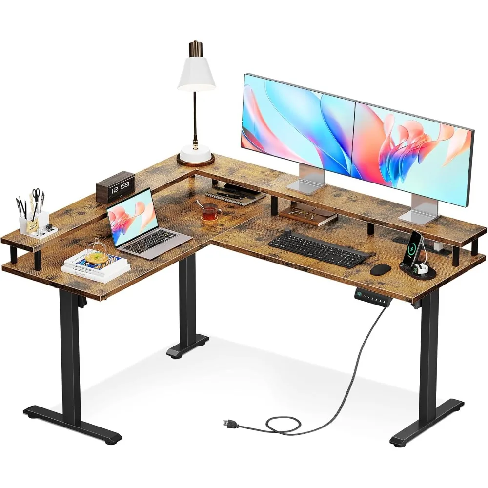

Electric L Shaped Standing Desk, 59 Inch Height Adjustable Stand Up Desk with Power Outlets ＆ Full Monitor Stand, Reversible Co