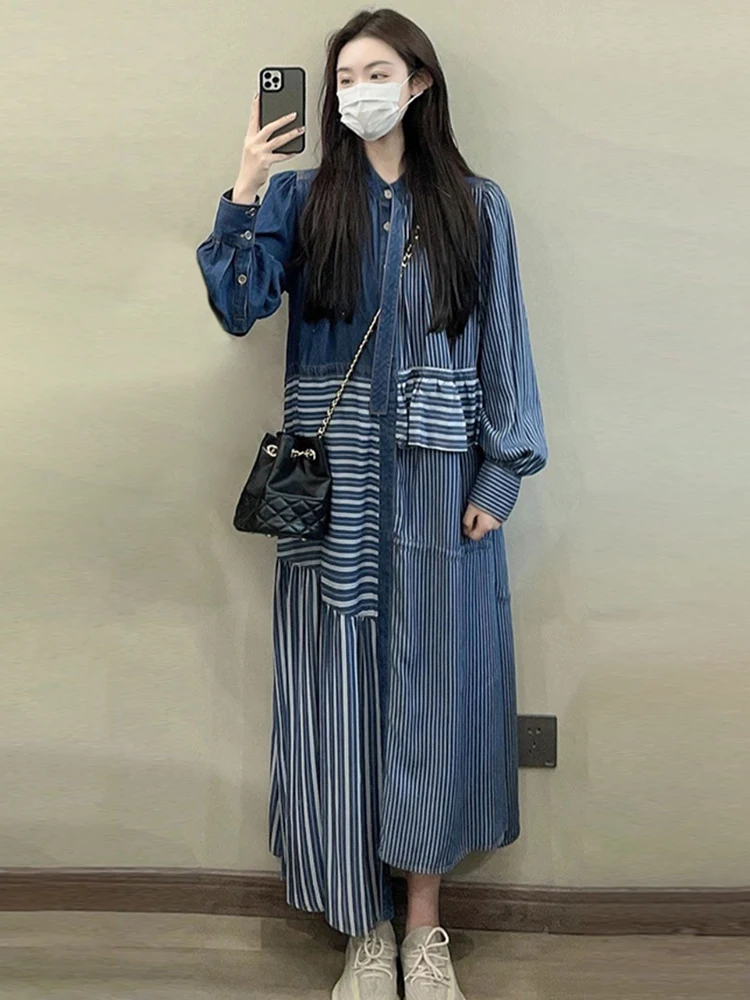 CHICEVER Hit Color Striped Dresses For Women Lapel Long Sleeve High Waist Folds Irregular Hem Elegant Dress Female Fashion New